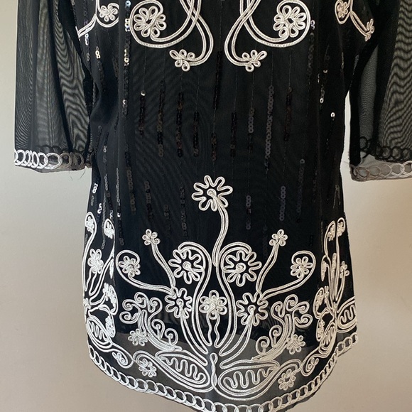 First Choice women’s elbow sleeve scoop neck sheer crochet accent sequins top - Picture 5 of 13